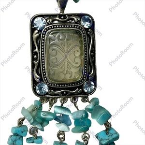 Carved Jade pendant with turquoise stones and rhinestones vintage necklace